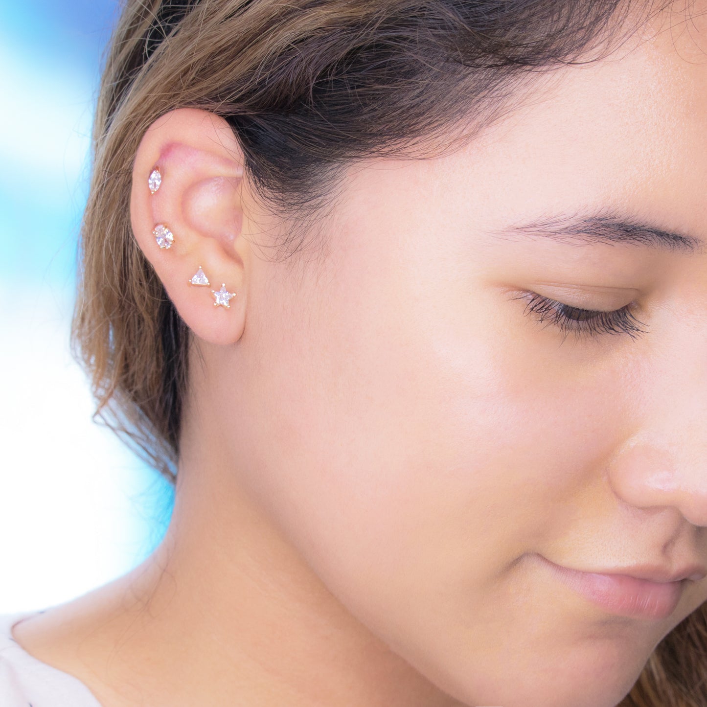 Clear Gemstone Stud Earrings Set of 6 pairs