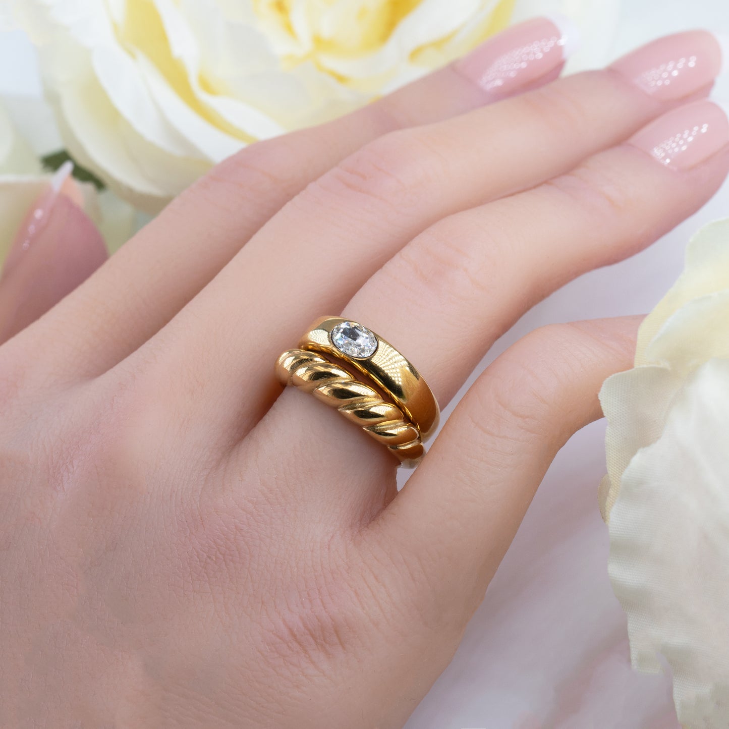 Chunky Dome Ring & Twist Croissant Ring Set