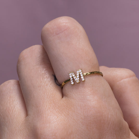 14k Gold Clear Gem Initial Ring
