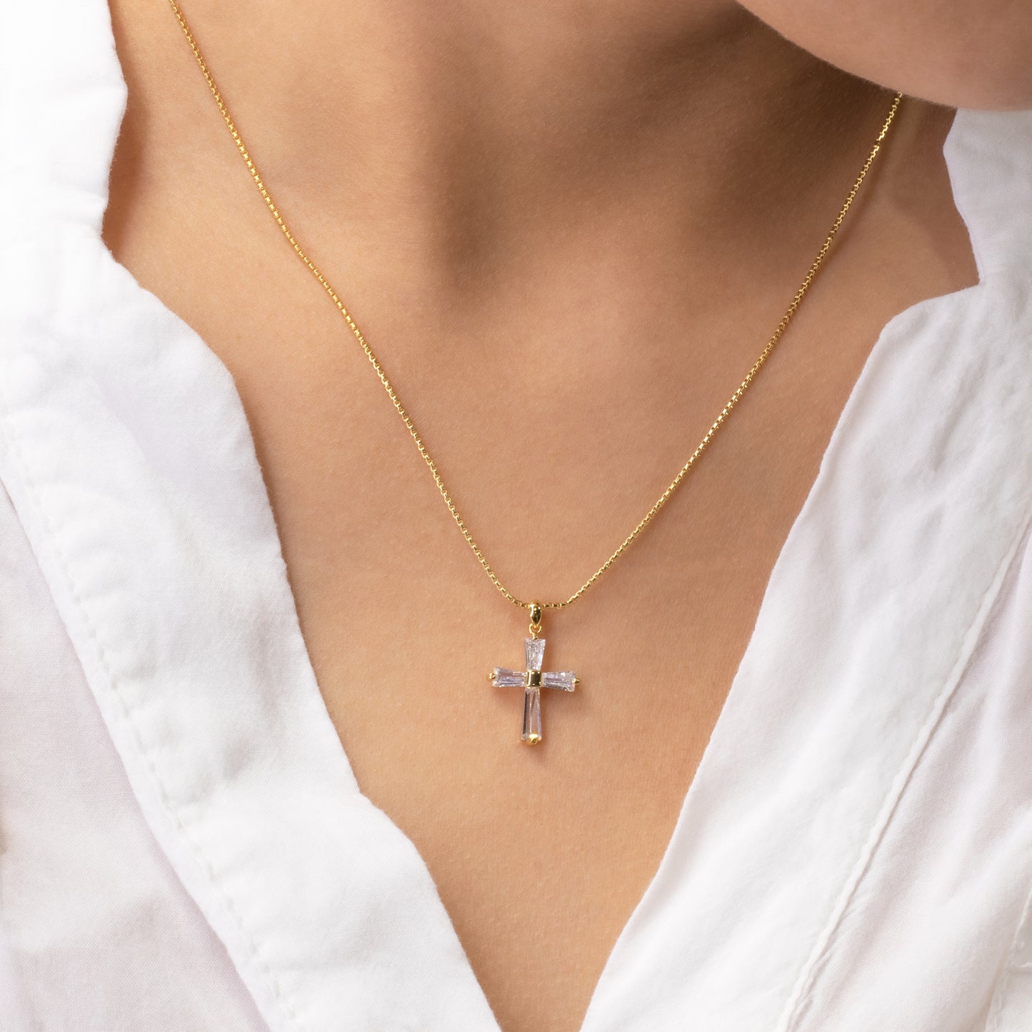 Baguette Clear Gem Cross Necklace