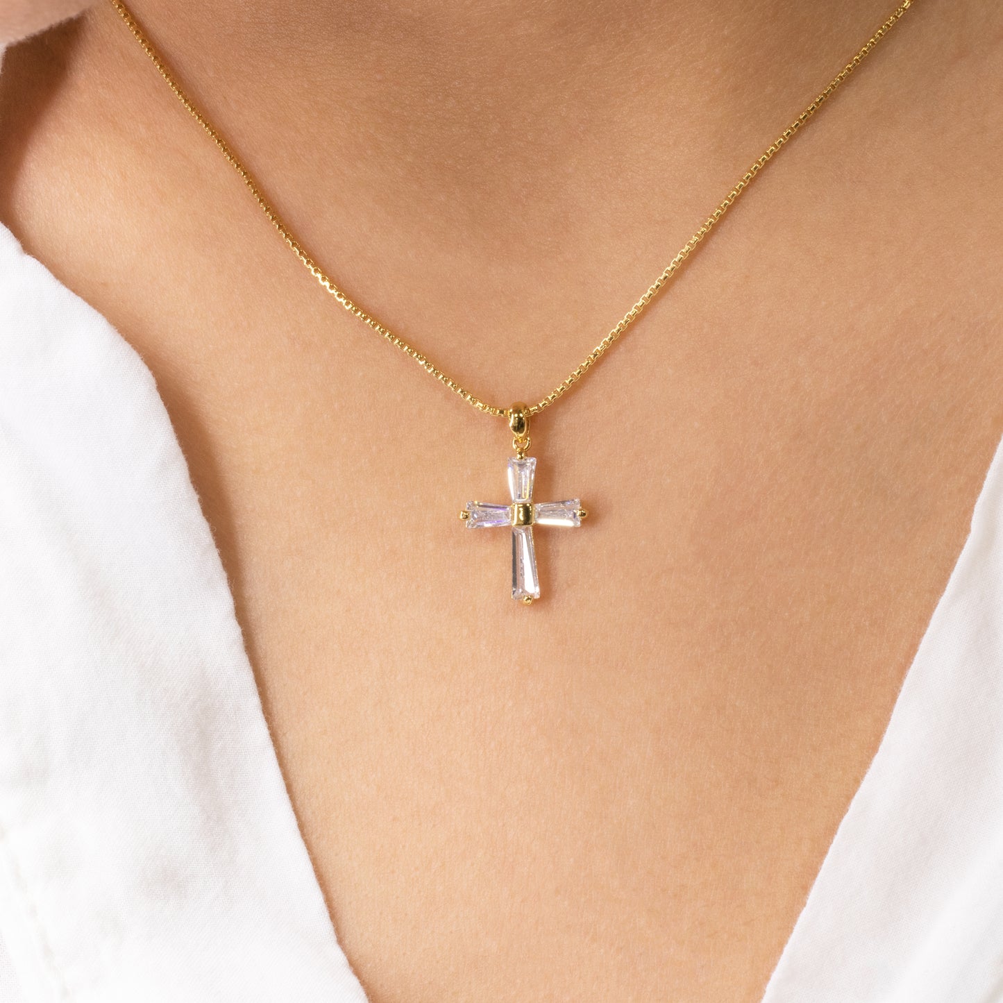 Baguette Clear Gem Cross Necklace