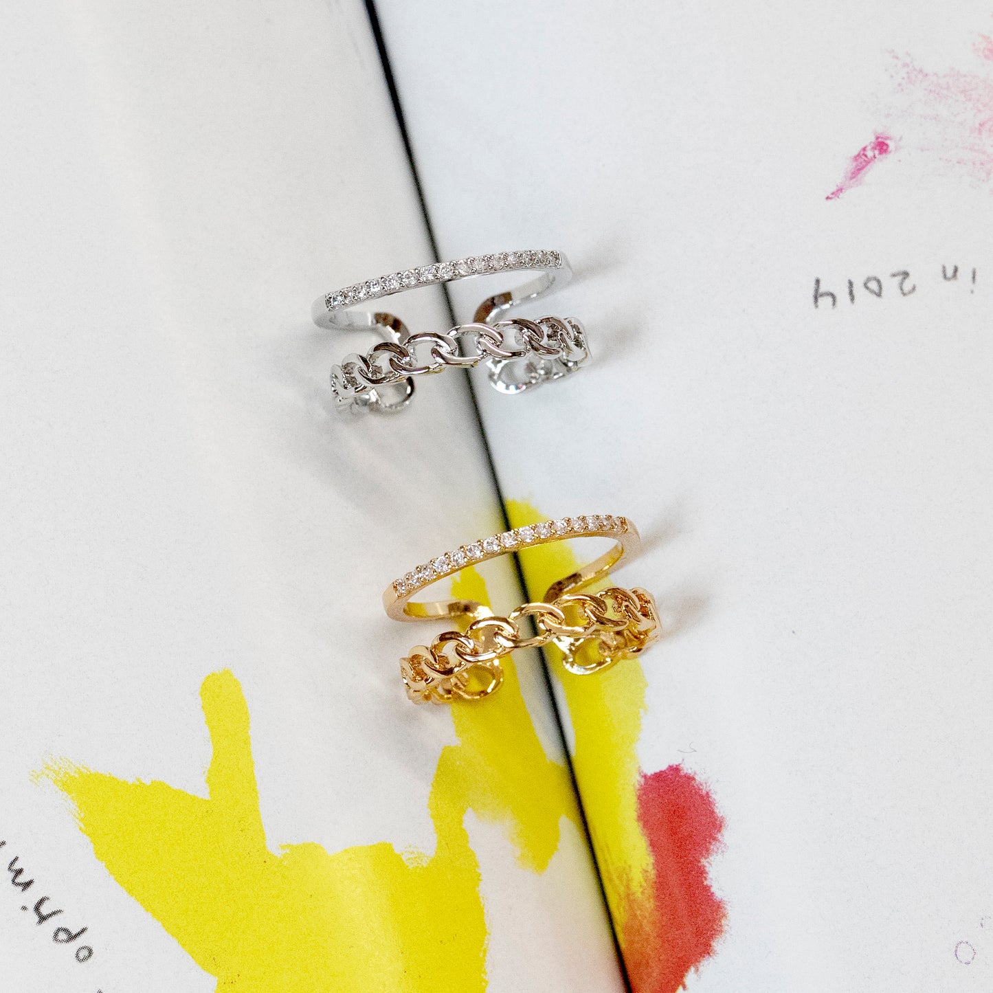 uinique double layered band ring chain crystal cubic gold plated silver plated