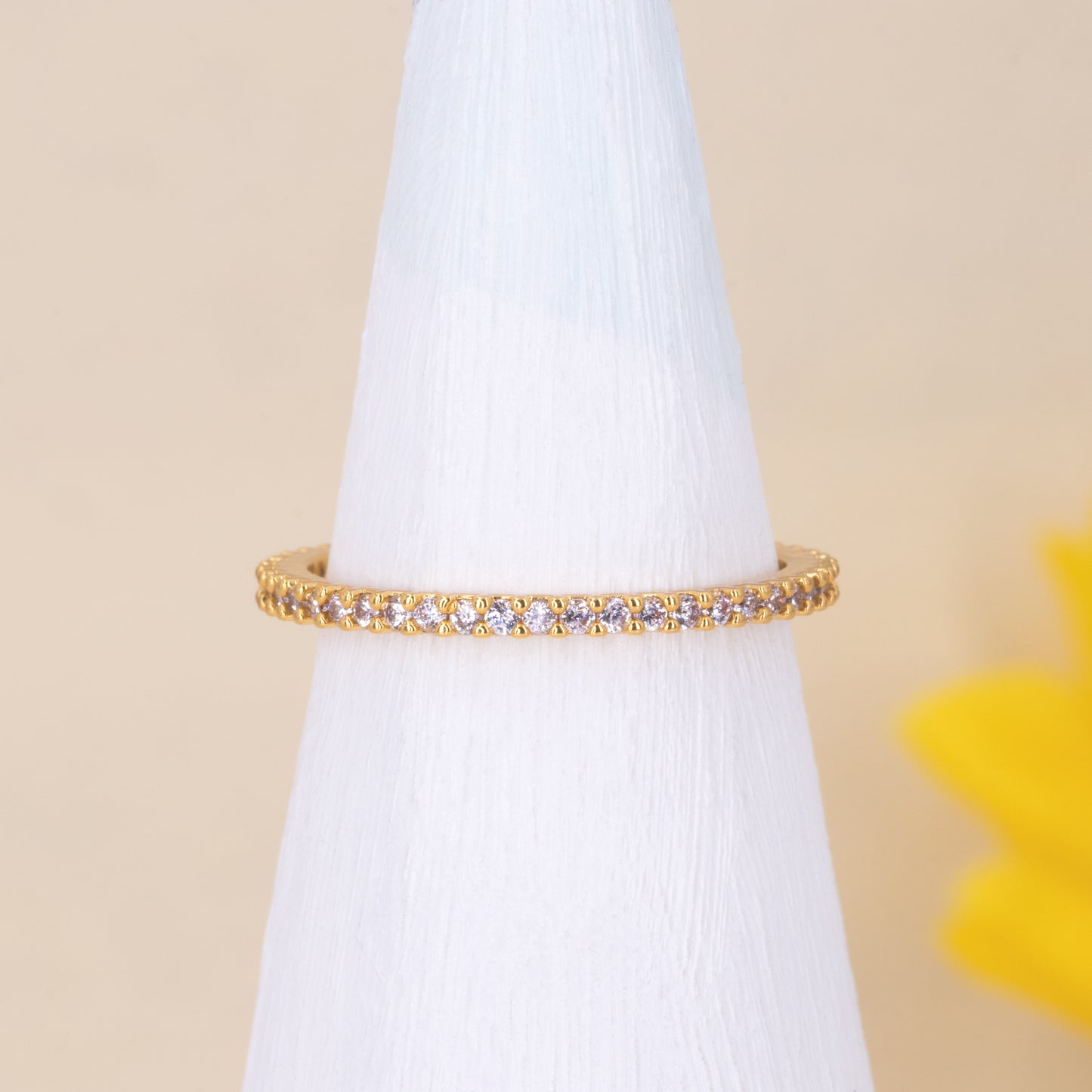 gold Pavé Crystal Eternity Ring on ring holder