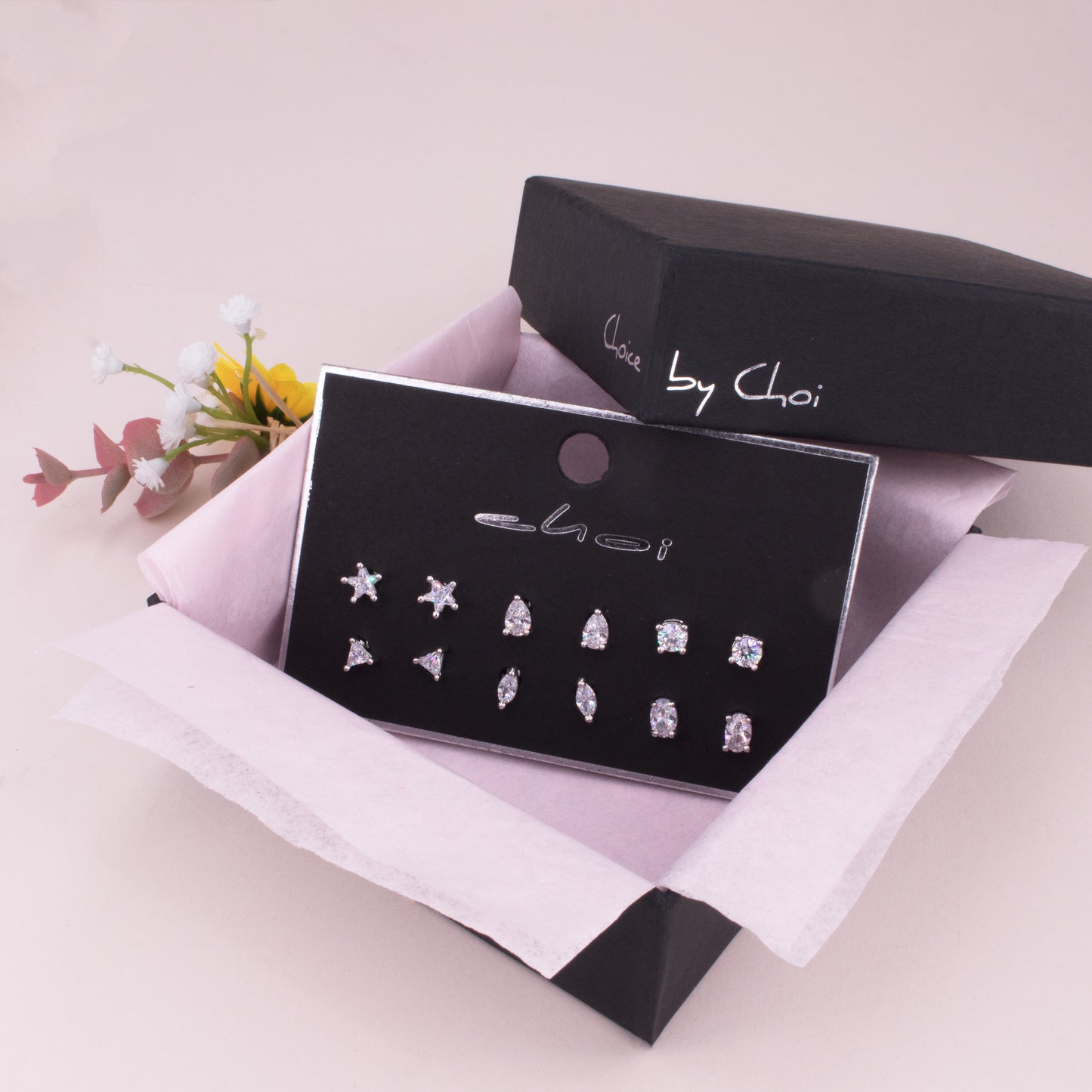 Clear Gemstone Stud Earrings Set of 6 pairs