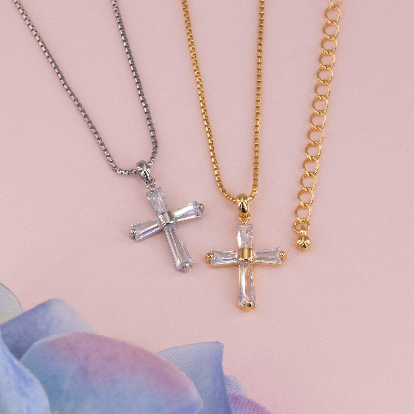 Baguette Clear Gem Cross Necklace