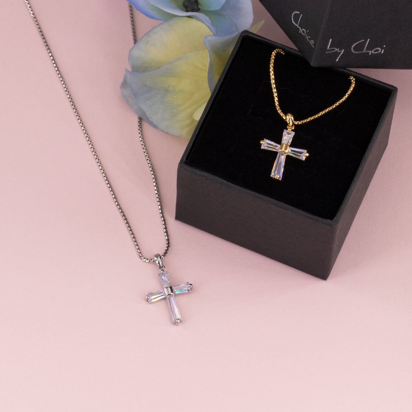 Baguette Clear Gem Cross Necklace