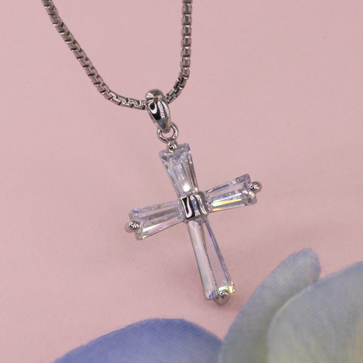 Baguette Clear Gem Cross Necklace