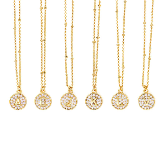Letter Stone Coin Pendant Necklace Gold Plated
