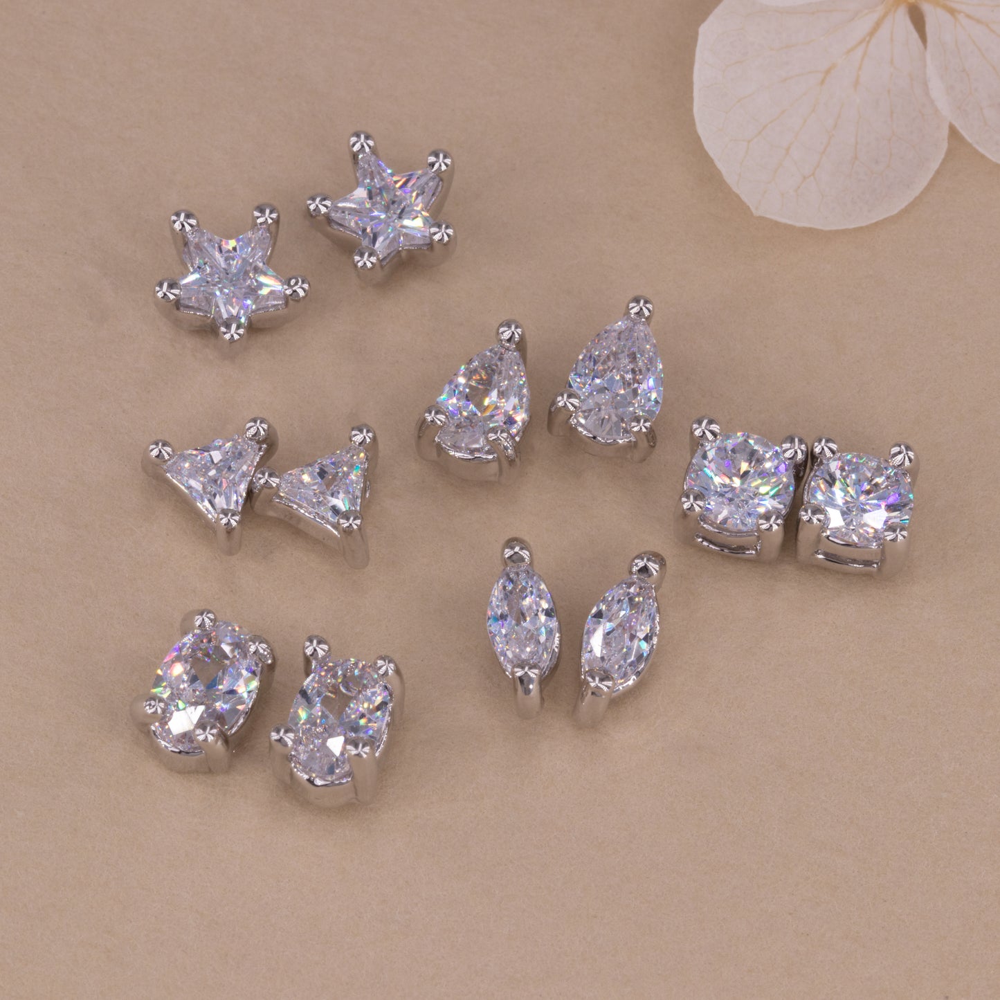 Clear Gemstone Stud Earrings Set of 6 pairs