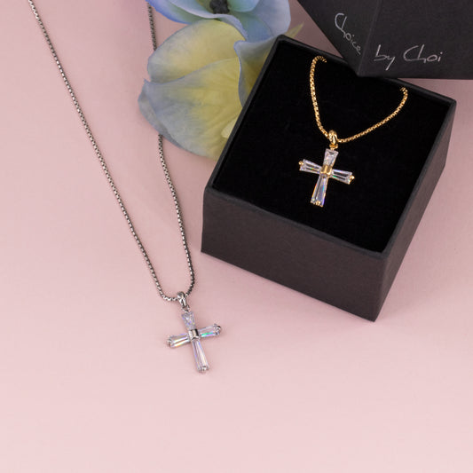 Baguette Clear Gem Cross Necklace